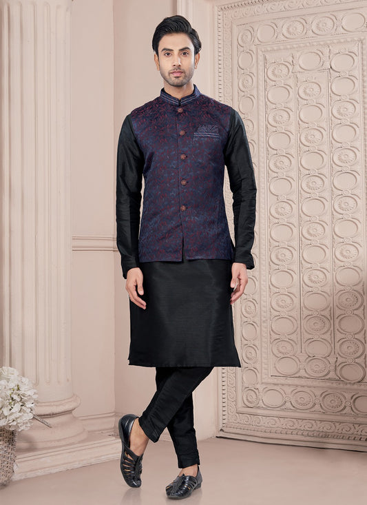 Printed Dupion Silk, Jacquard Black, Blue Kurta Payjama With Jacket - M8678