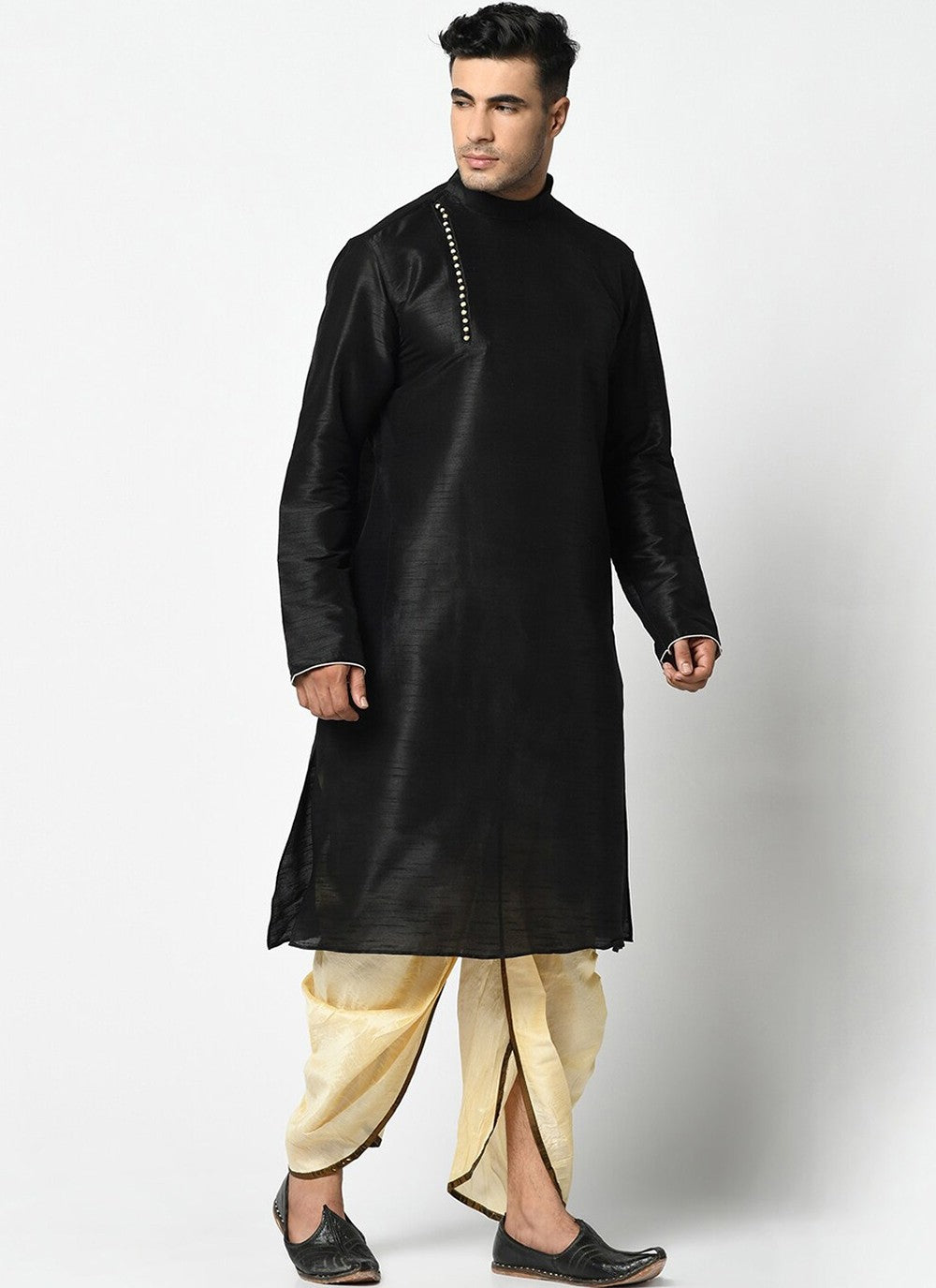 Buttons Dupion Silk Black Dhoti Kurta - M2418