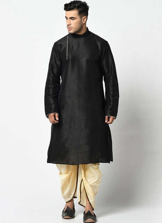 Buttons Dupion Silk Black Dhoti Kurta - M2418