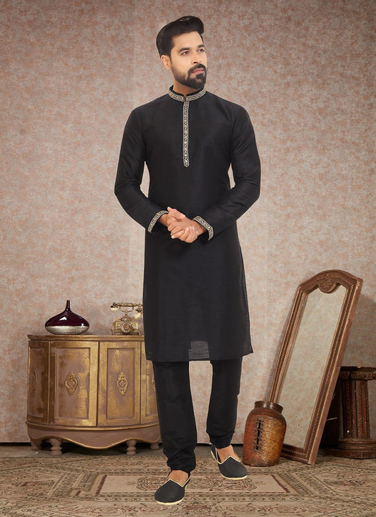 Embroidered Dupion Silk Black Kurta Pyjama - M3341