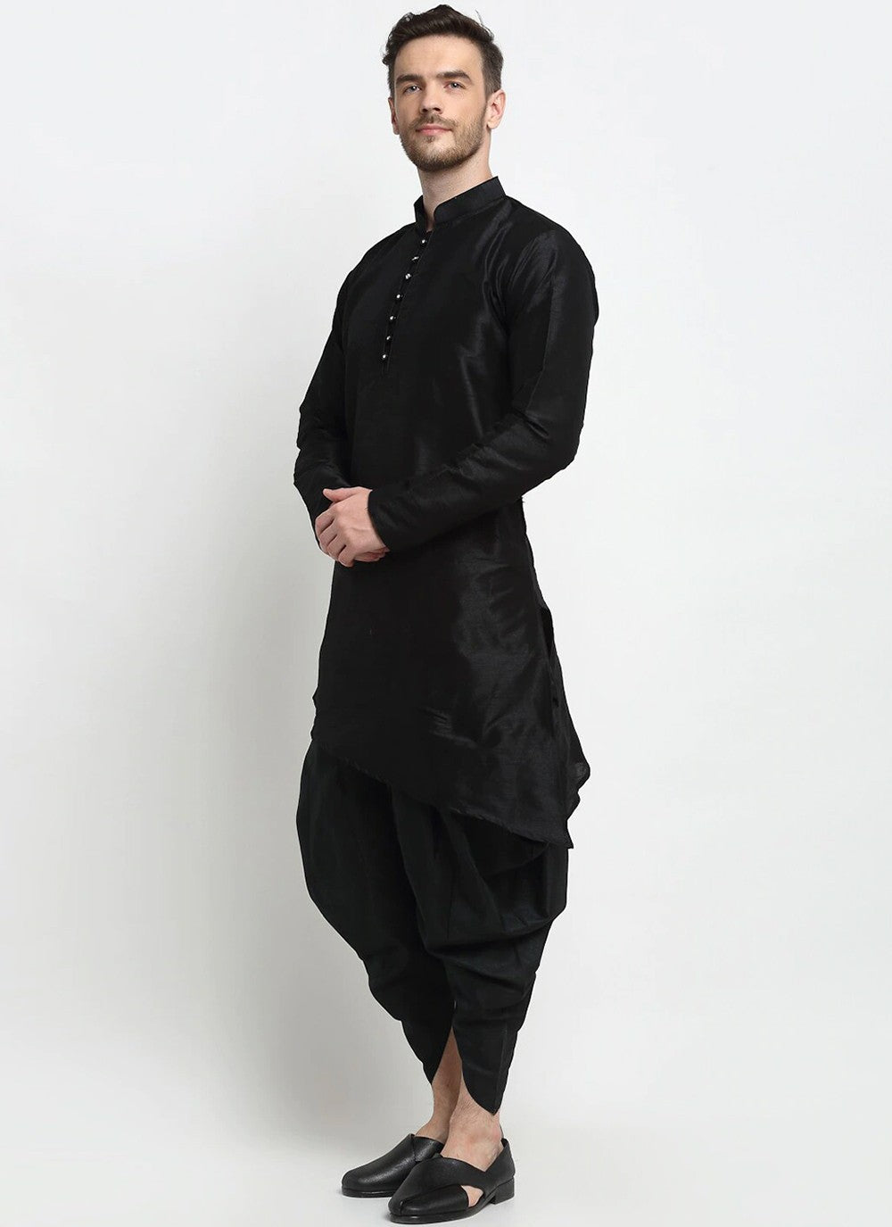 Plain Dupion Silk Black Dhoti Kurta - M2384