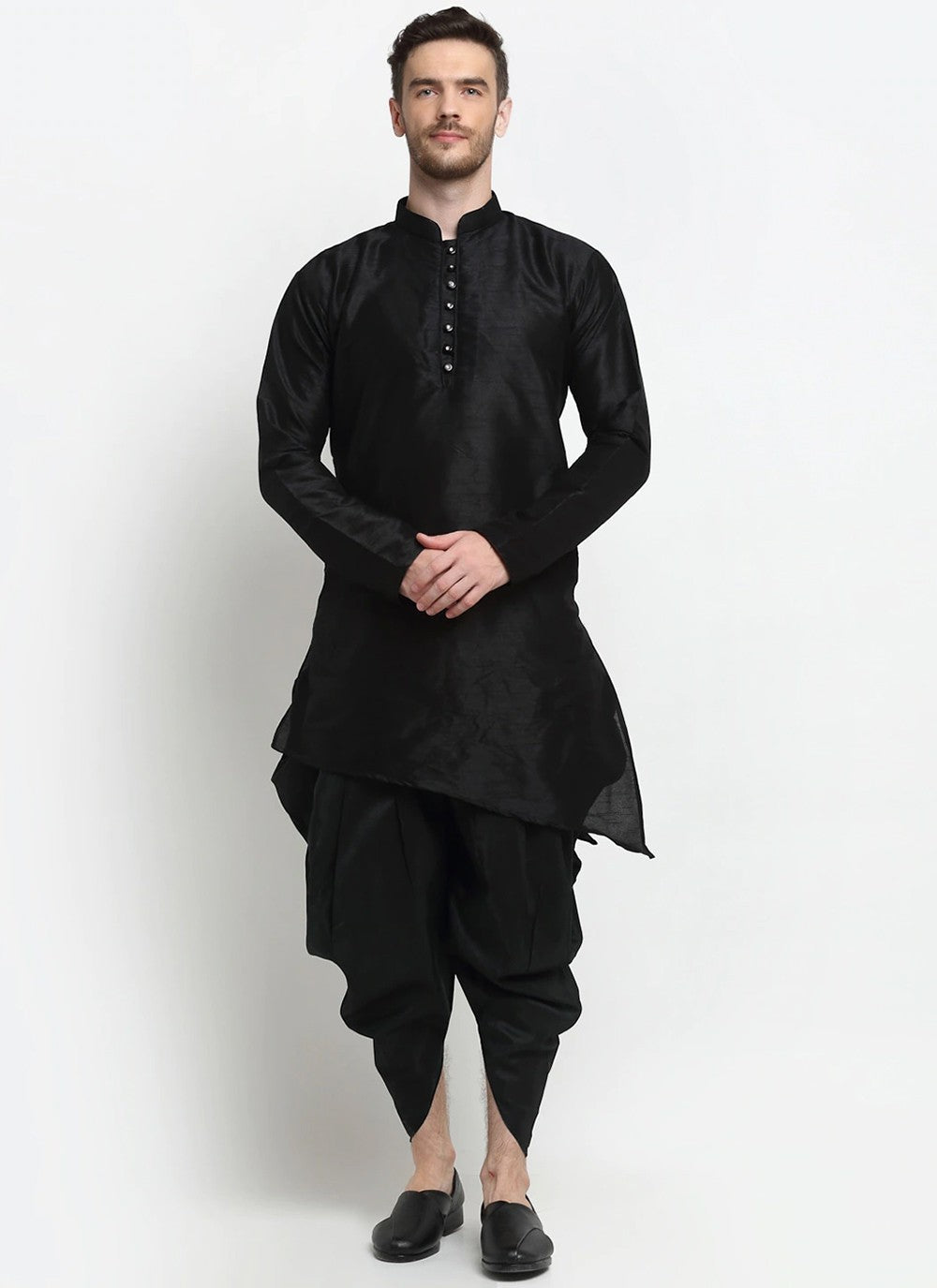 Plain Dupion Silk Black Dhoti Kurta - M2384