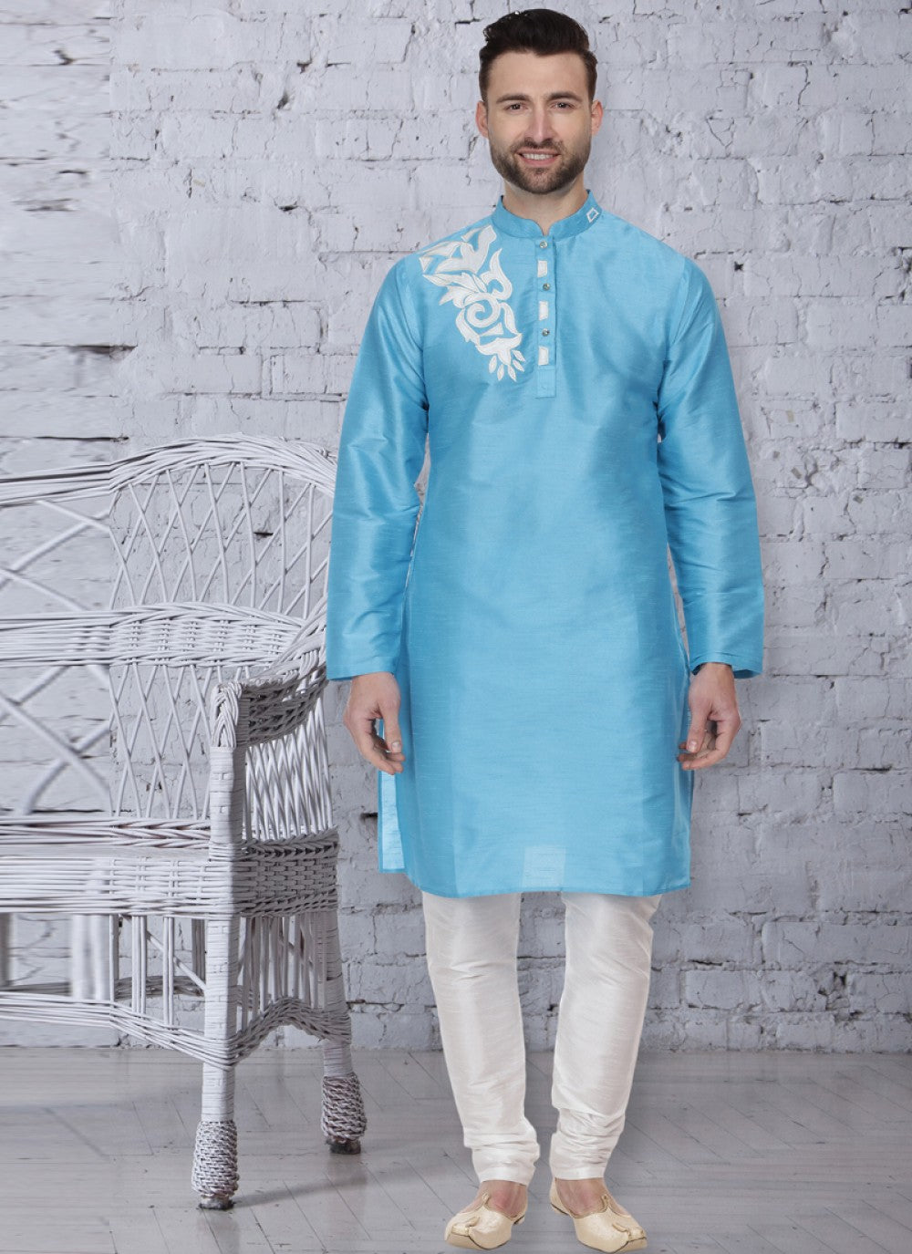 Embroidered Dupion Silk Blue Kurta Pyjama - M1063