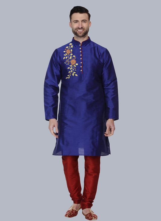 Embroidered Dupion Silk Blue Kurta Pyjama - M6546