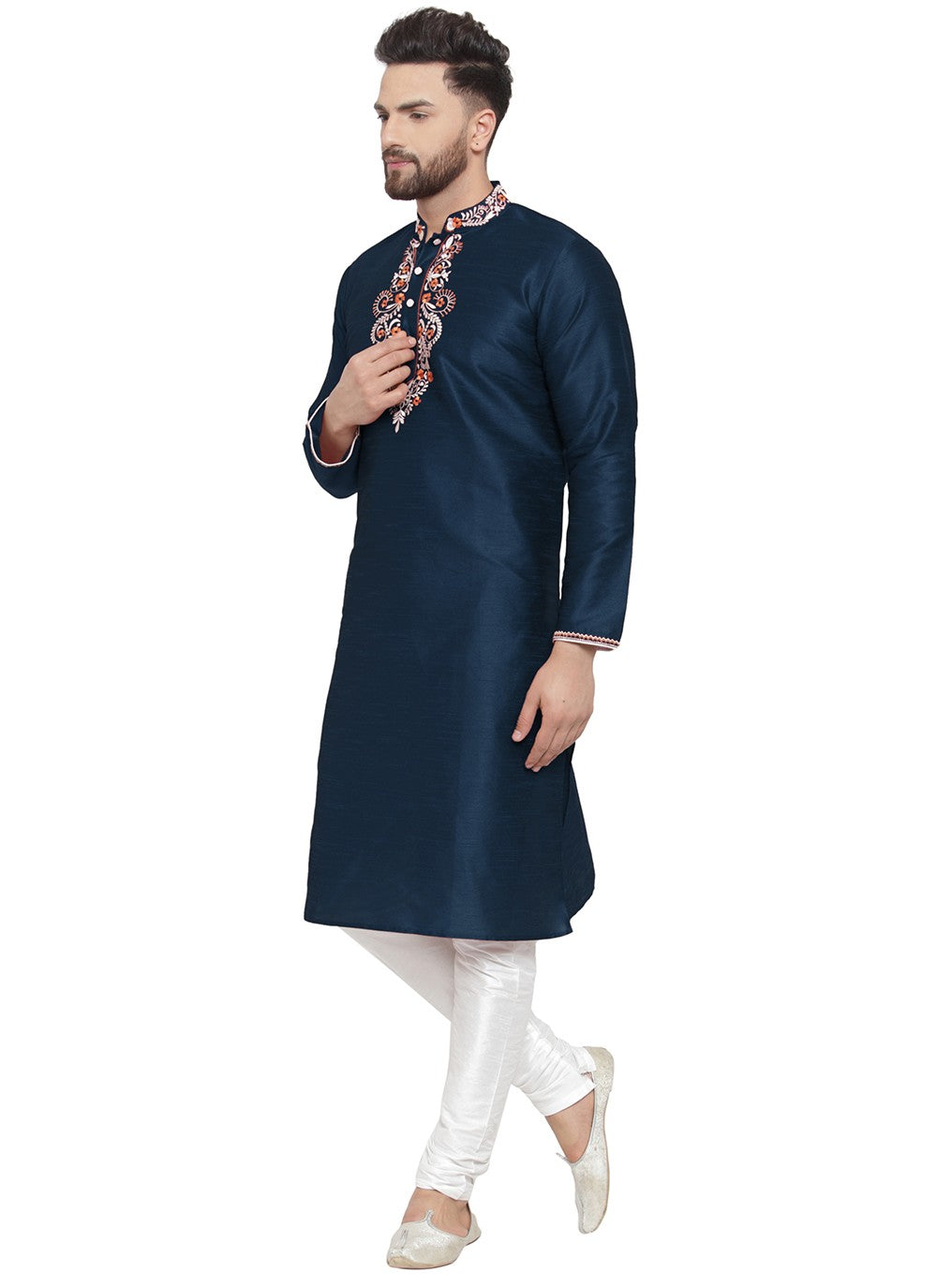 Embroidered Dupion Silk Blue Kurta Pyjama - M7340