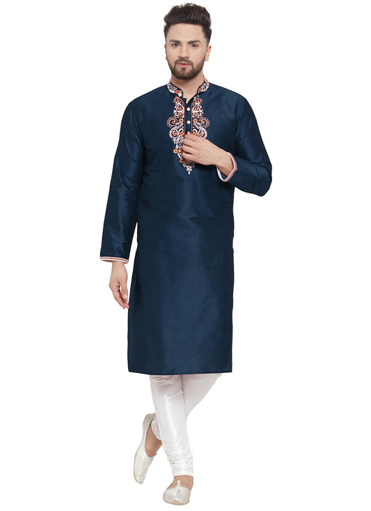 Embroidered Dupion Silk Blue Kurta Pyjama - M7340