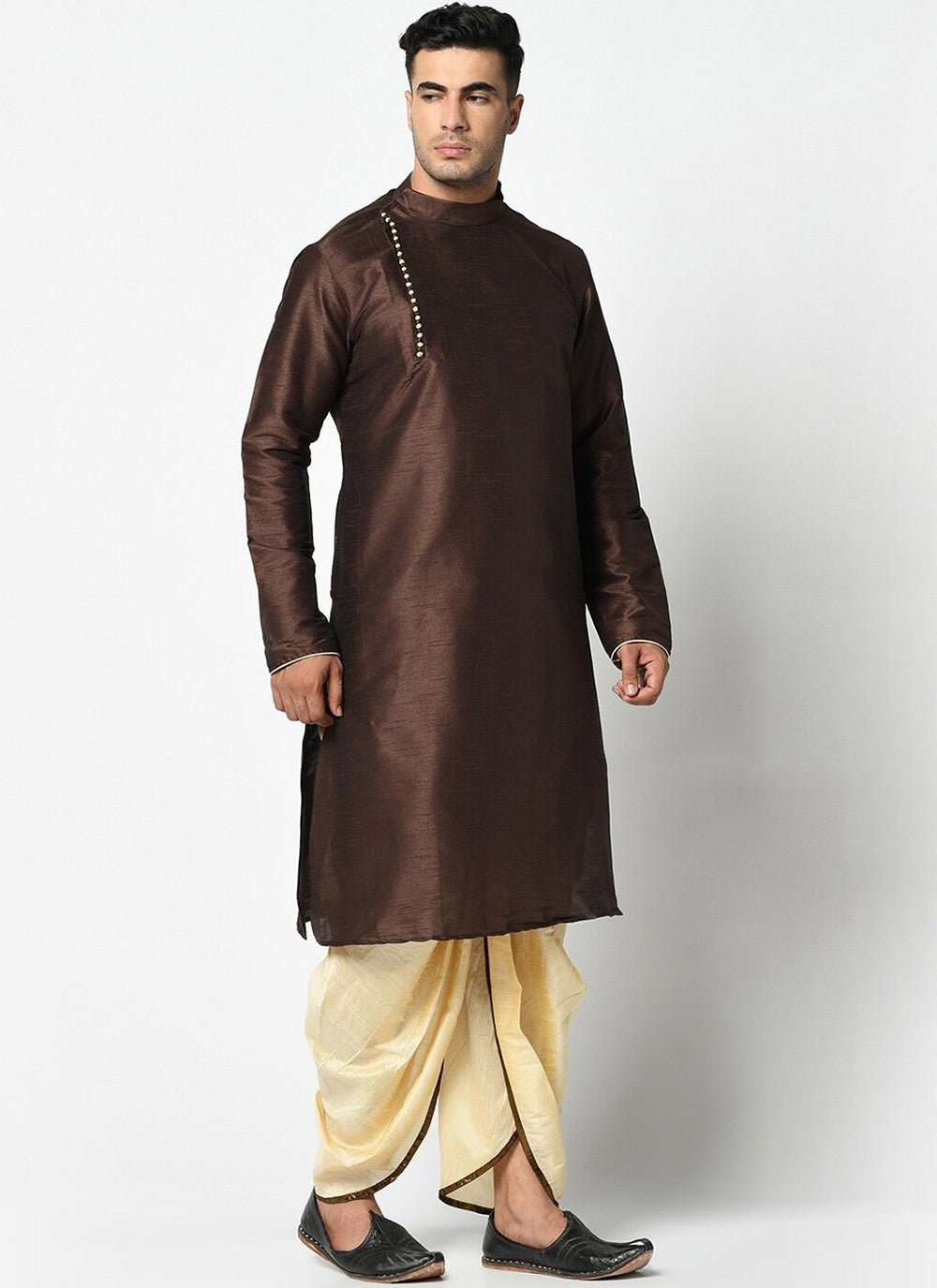 Buttons Dupion Silk Brown Dhoti Kurta - M2416