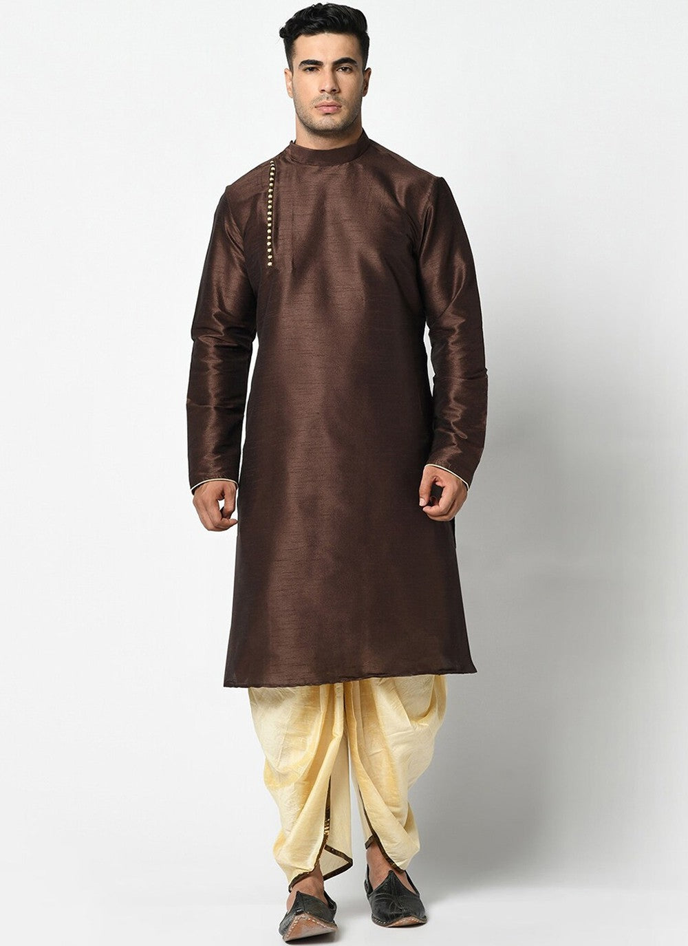 Buttons Dupion Silk Brown Dhoti Kurta - M2416