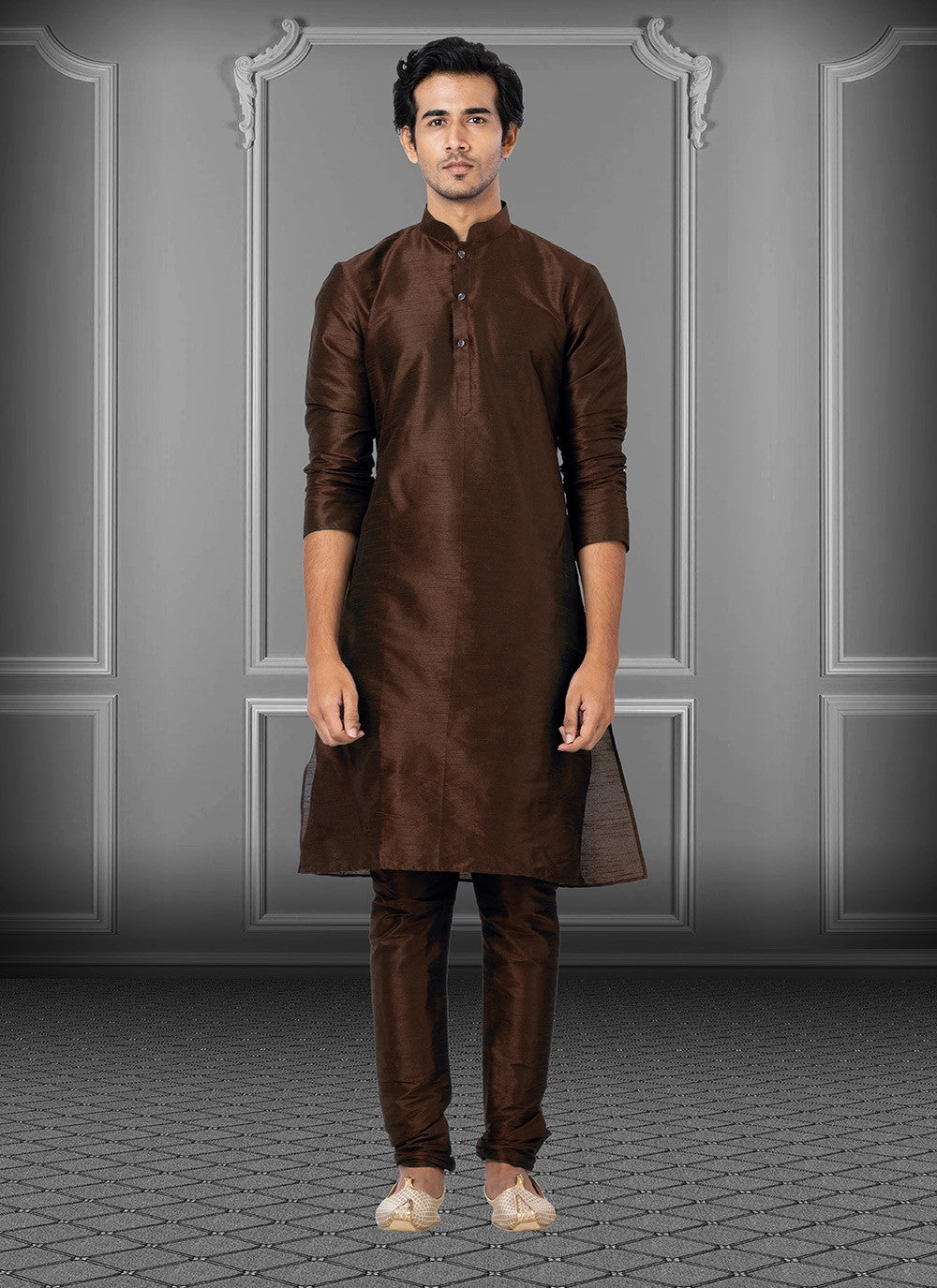 Plain Dupion Silk Brown Kurta Pyjama - M3673