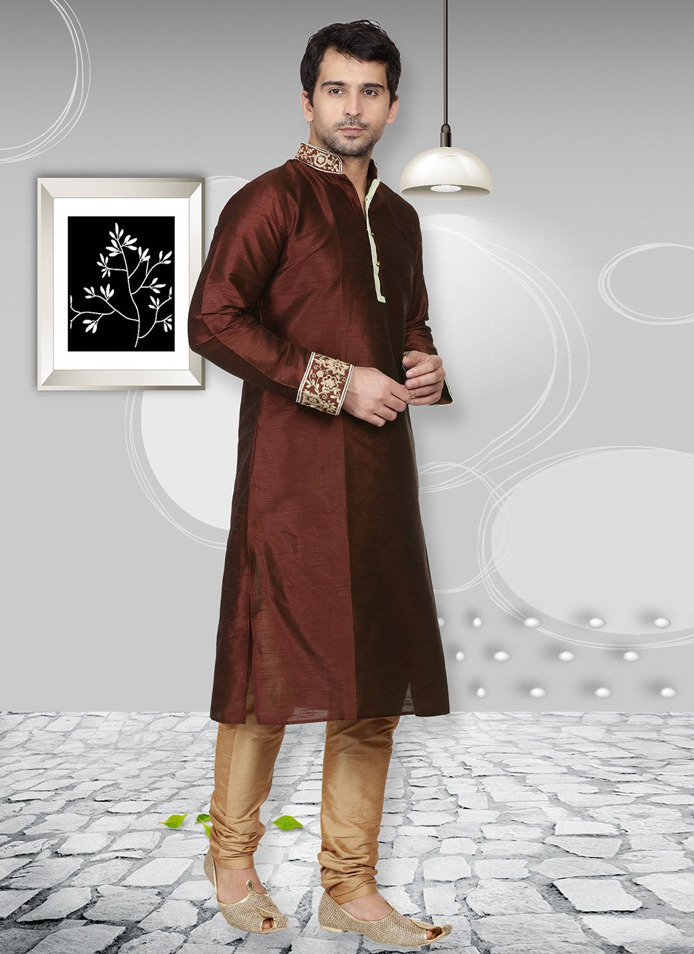 Embroidered Dupion Silk Brown Kurta Pyjama - M6569