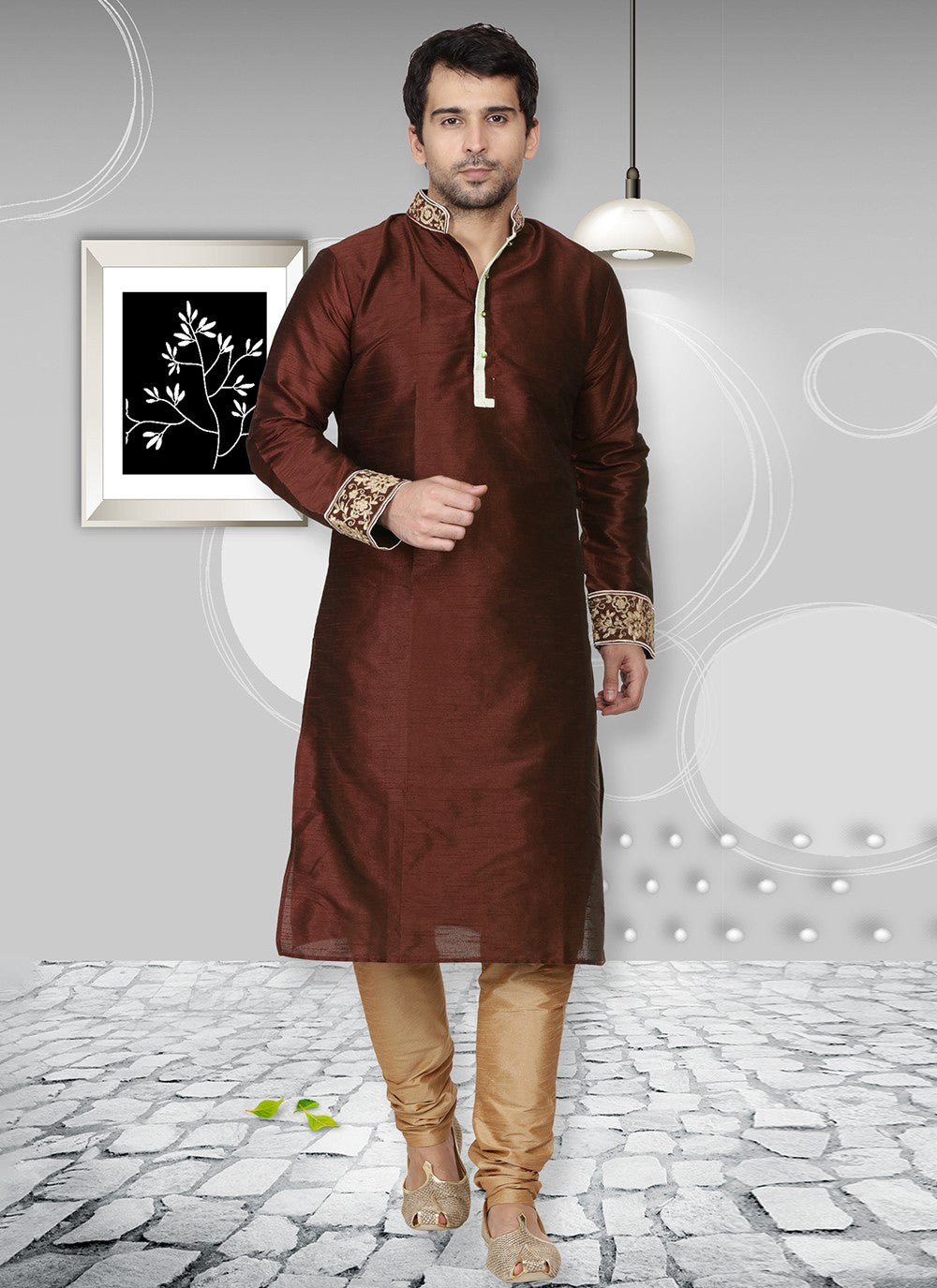 Embroidered Dupion Silk Brown Kurta Pyjama - M6569