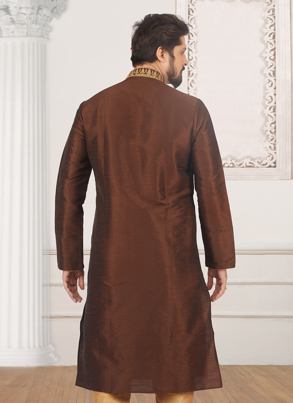 Embroidered Dupion Silk Brown Kurta Pyjama - M6573