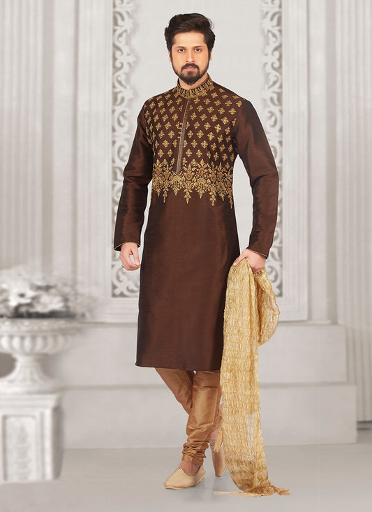 Embroidered Dupion Silk Brown Kurta Pyjama - M6573