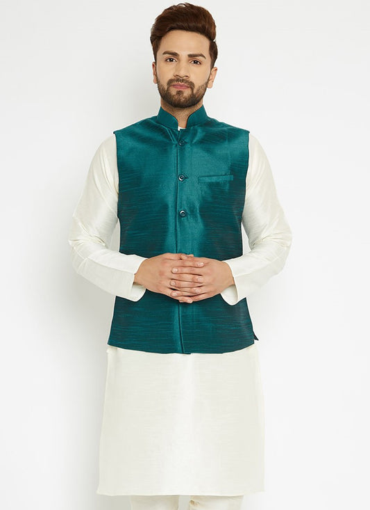 Buttons Dupion Silk Green Nehru Jackets - M3222