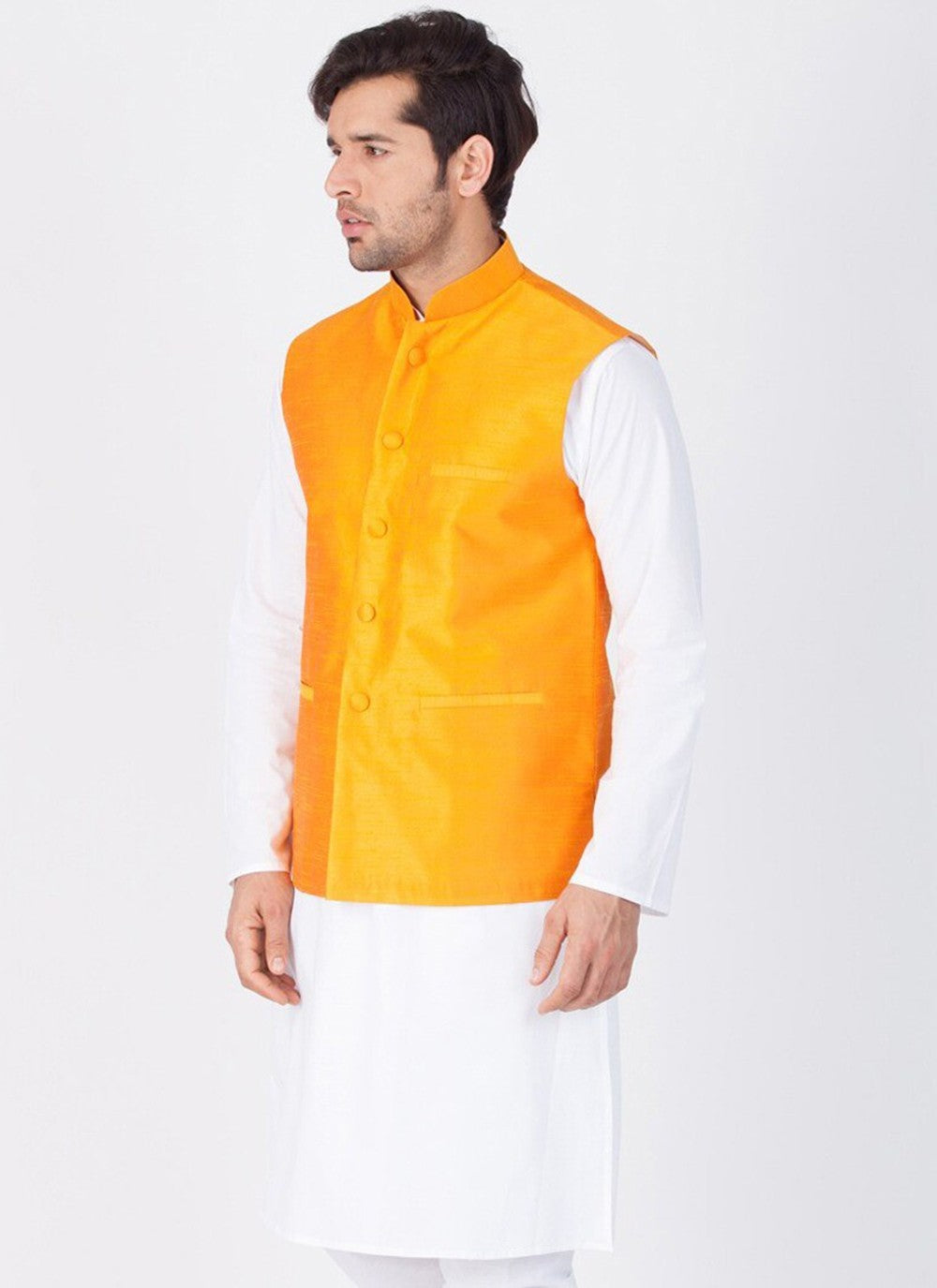 Buttons Dupion Silk Yellow Nehru Jackets - M3219