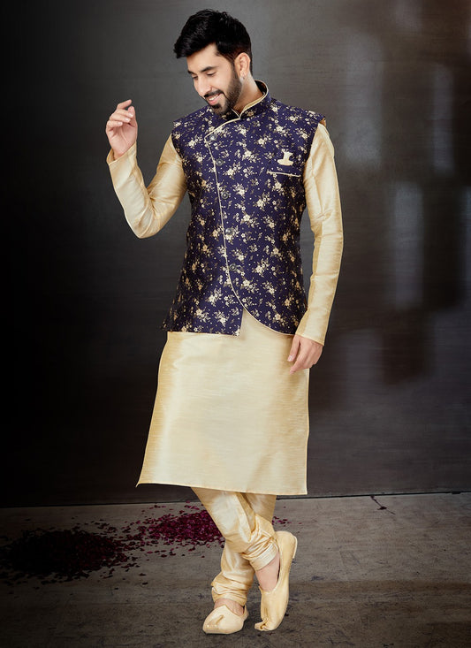 Embroidered Dupion Silk, Jacquard Cream, Navy Blue Kurta Payjama With Jacket - M4766