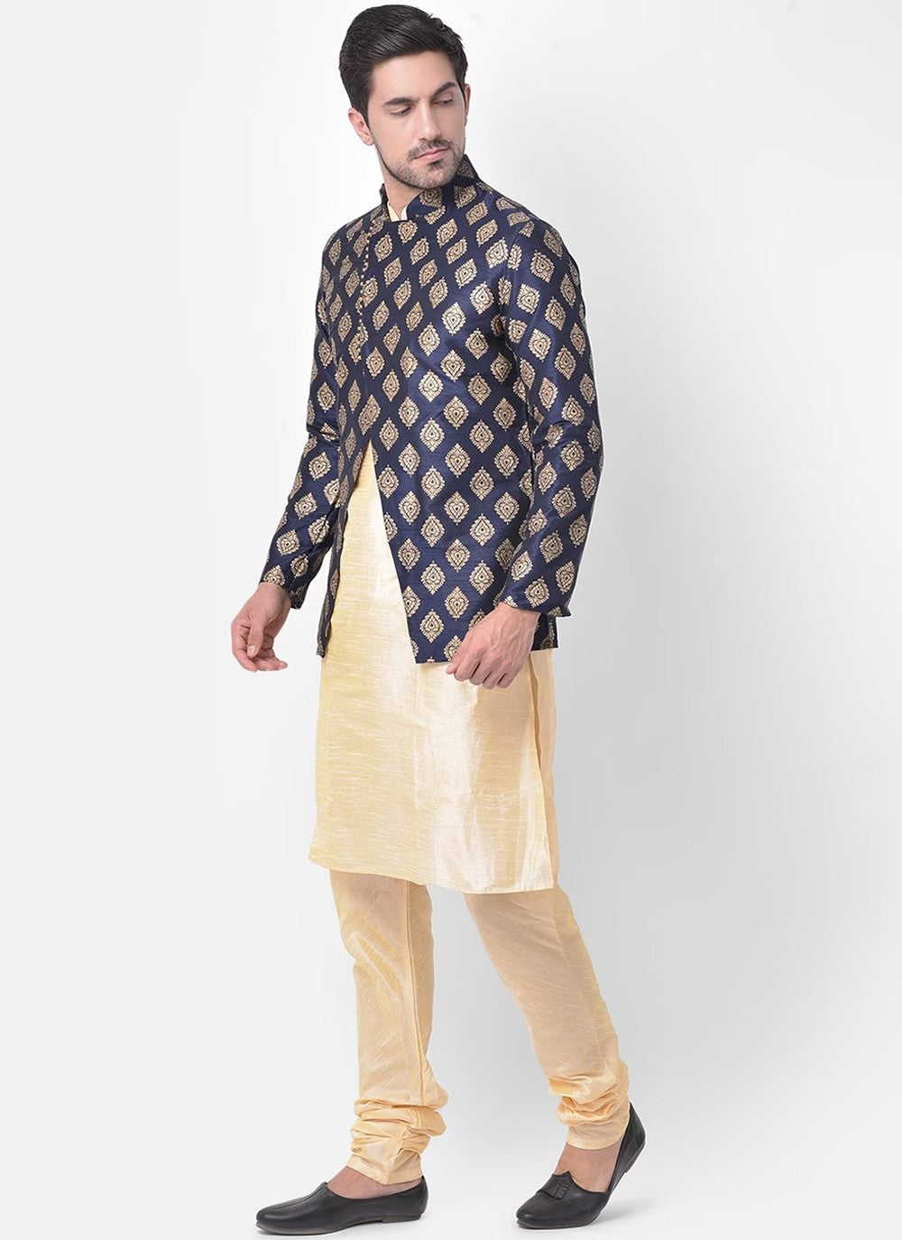 Fancy Work Dupion Silk Cream, Navy Blue Kurta Payjama With Jacket - M5220