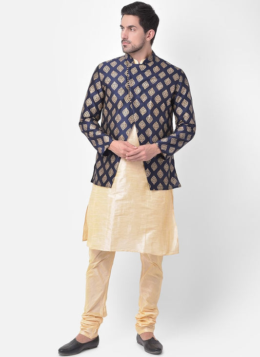 Fancy Work Dupion Silk Cream, Navy Blue Kurta Payjama With Jacket - M5220