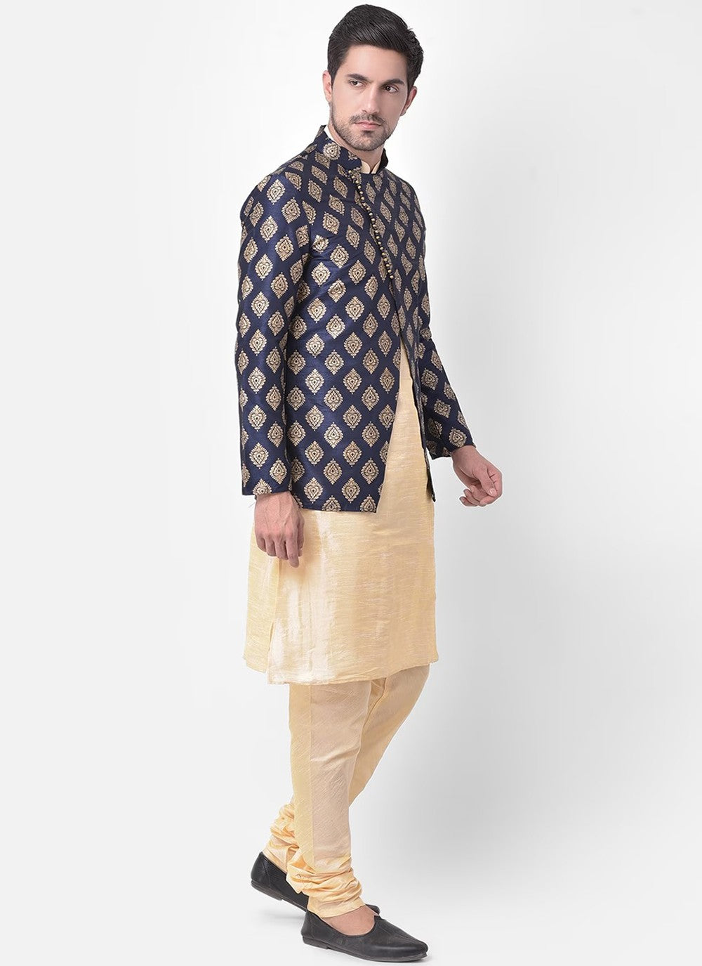 Fancy Work Dupion Silk Cream, Navy Blue Kurta Payjama With Jacket - M5220