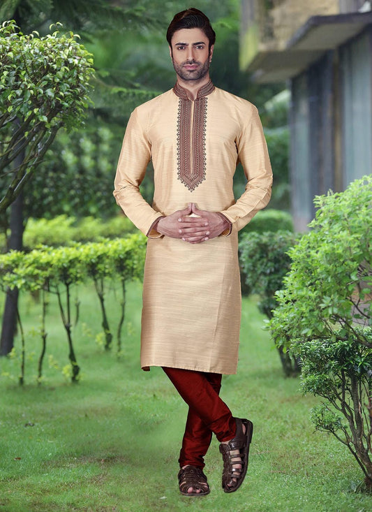 Embroidered Dupion Silk Cream Kurta Pyjama - M2132