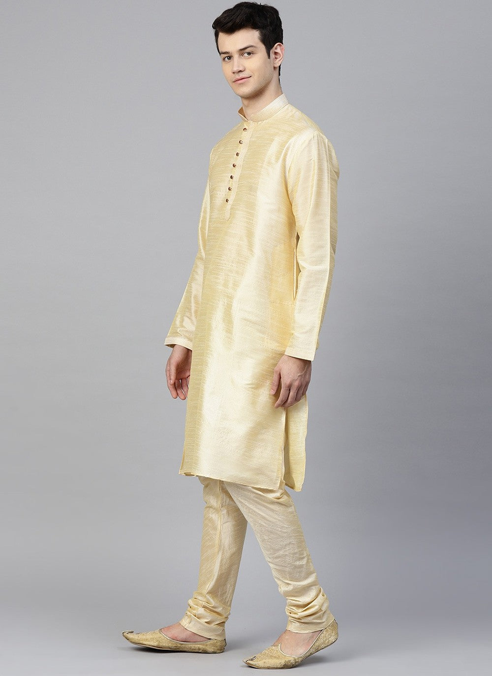 Plain Dupion Silk Cream Kurta Pyjama - M2410