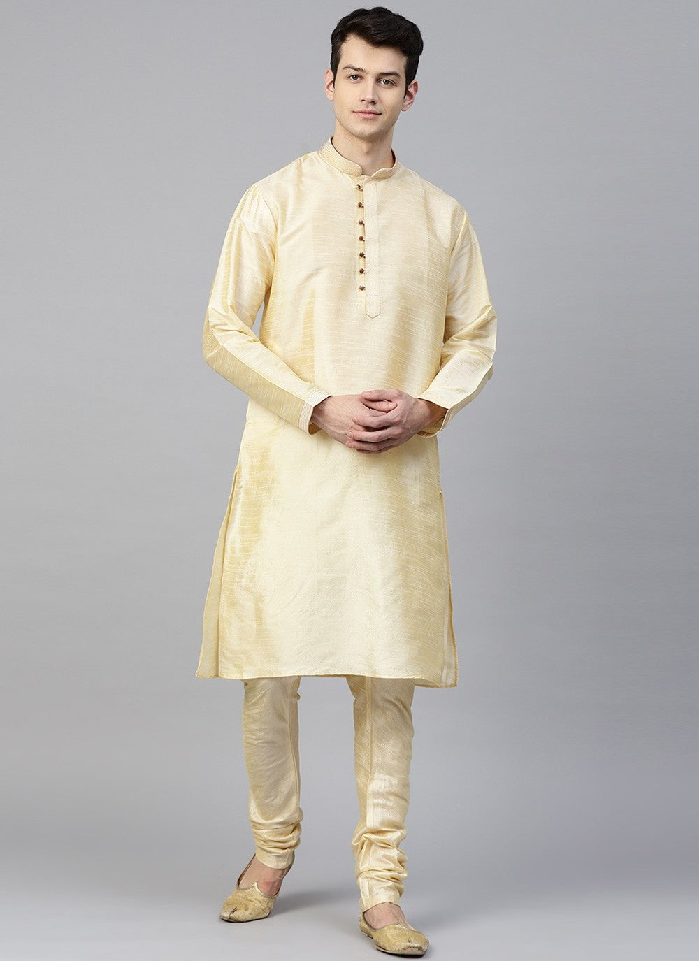 Plain Dupion Silk Cream Kurta Pyjama - M2410