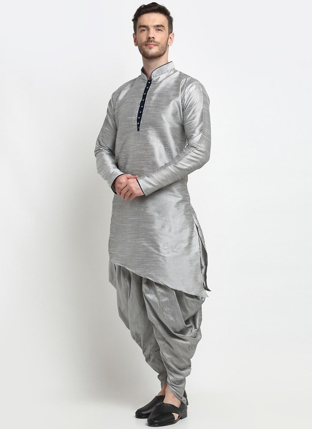 Plain Dupion Silk Grey Dhoti Kurta - M2396