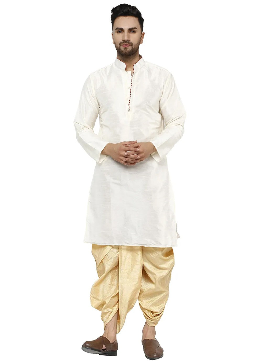 Plain Dupion Silk White Dhoti Kurta - M2810