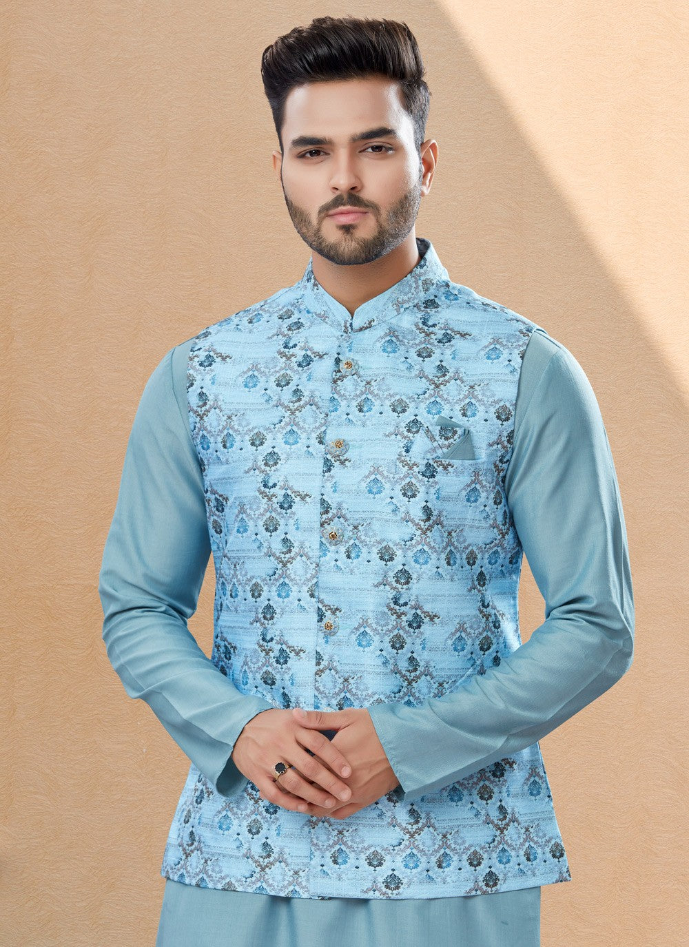 Digital Print Dupion Silk, Jacquard Aqua Blue Kurta Payjama With Jacket - M4027