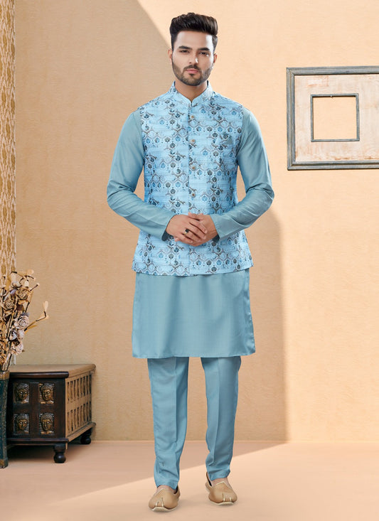 Digital Print Dupion Silk, Jacquard Aqua Blue Kurta Payjama With Jacket - M4027