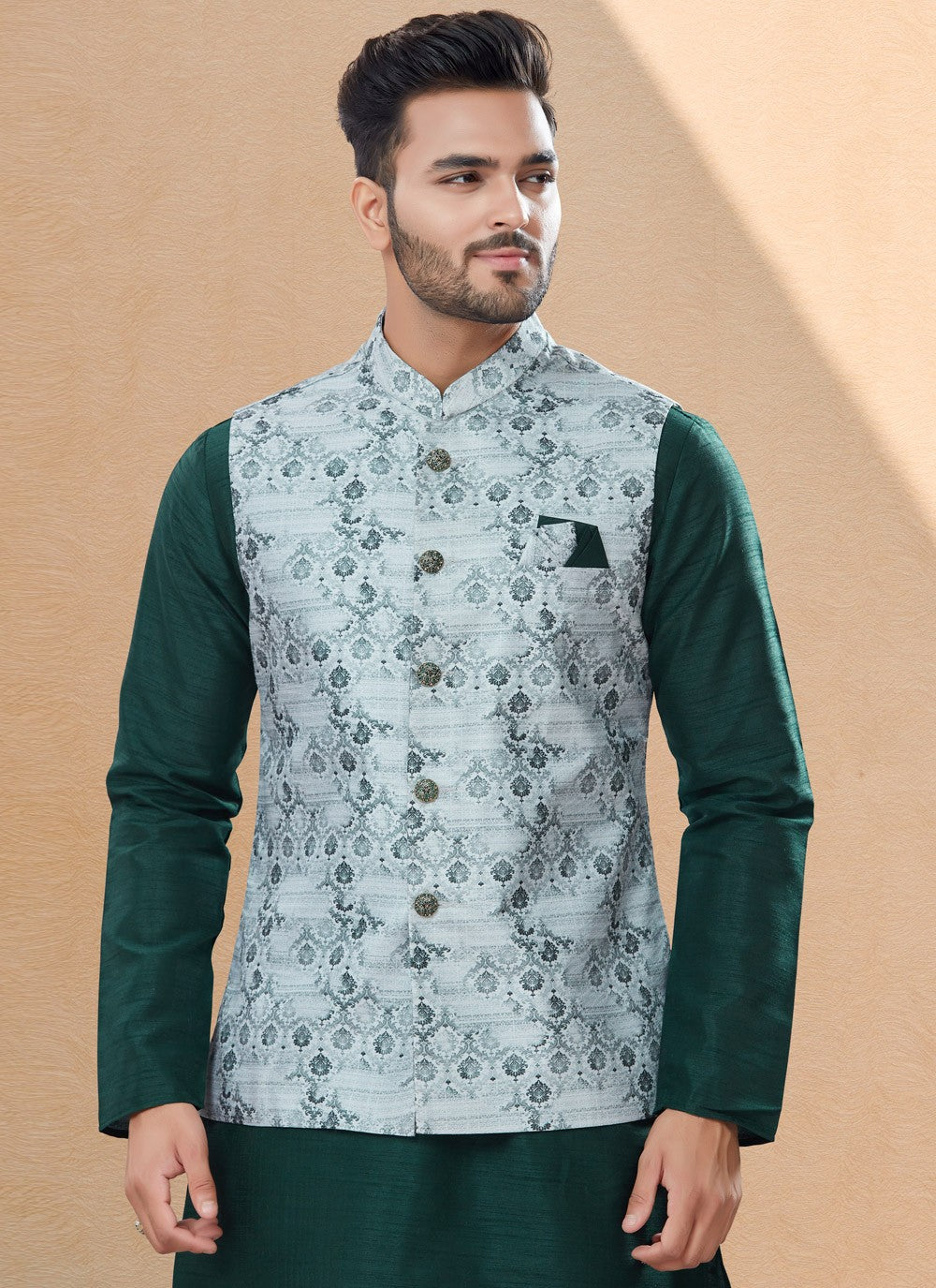 Digital Print Dupion Silk, Jacquard Green, Silver Kurta Payjama With Jacket - M4034