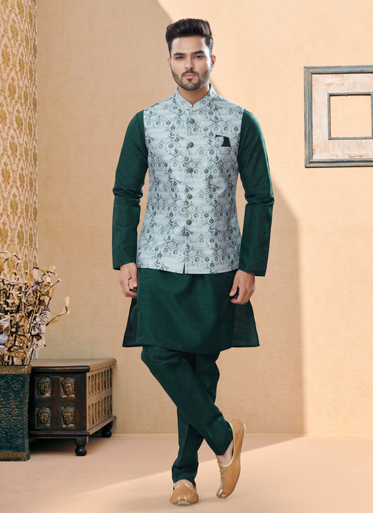 Digital Print Dupion Silk, Jacquard Green, Silver Kurta Payjama With Jacket - M4034