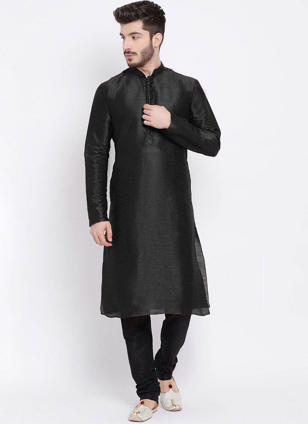 Embroidered Dupion Silk Black Kurta Pyjama - M2290