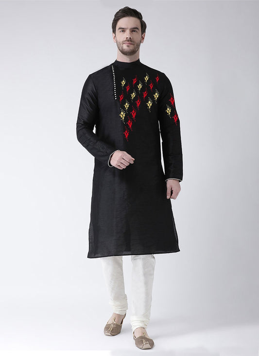 Embroidered Dupion Silk Black Kurta Pyjama - M2322