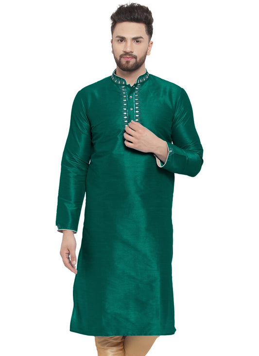 Embroidered Dupion Silk Green Kurta - M7328