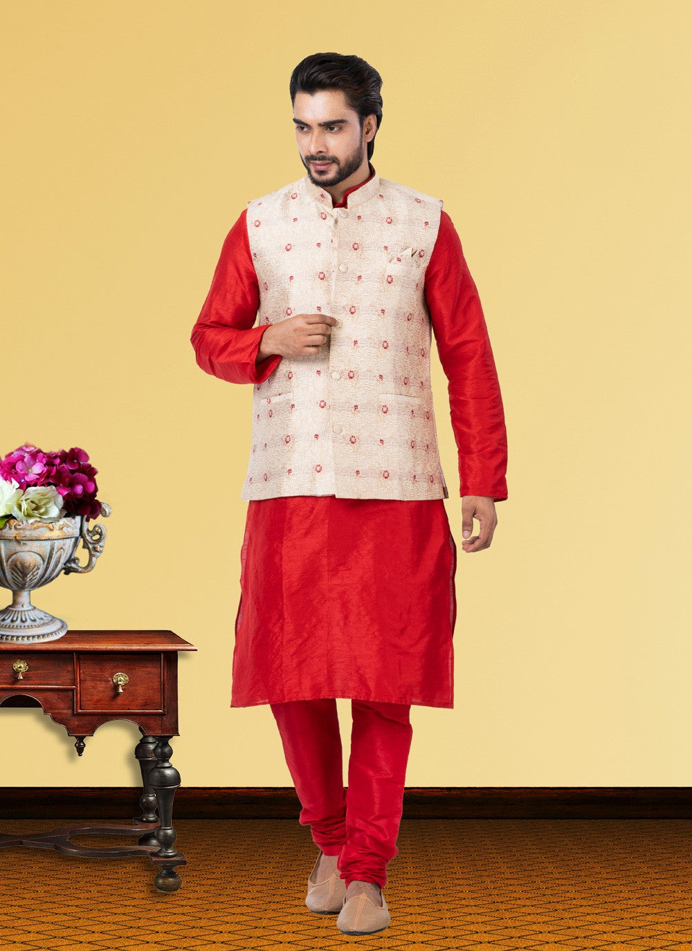 Embroidered Dupion Silk, Jacquard Silk Off White, Red Kurta Payjama With Jacket - M3764