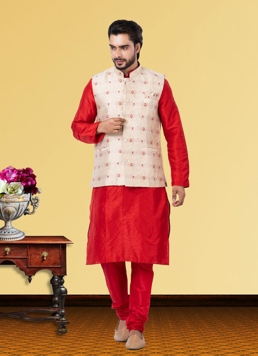 Embroidered Dupion Silk, Jacquard Silk Off White, Red Kurta Payjama With Jacket - M3764