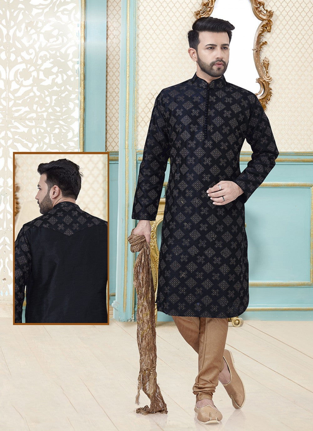 Embroidered Dupion Silk Black Kurta Pyjama - M2098