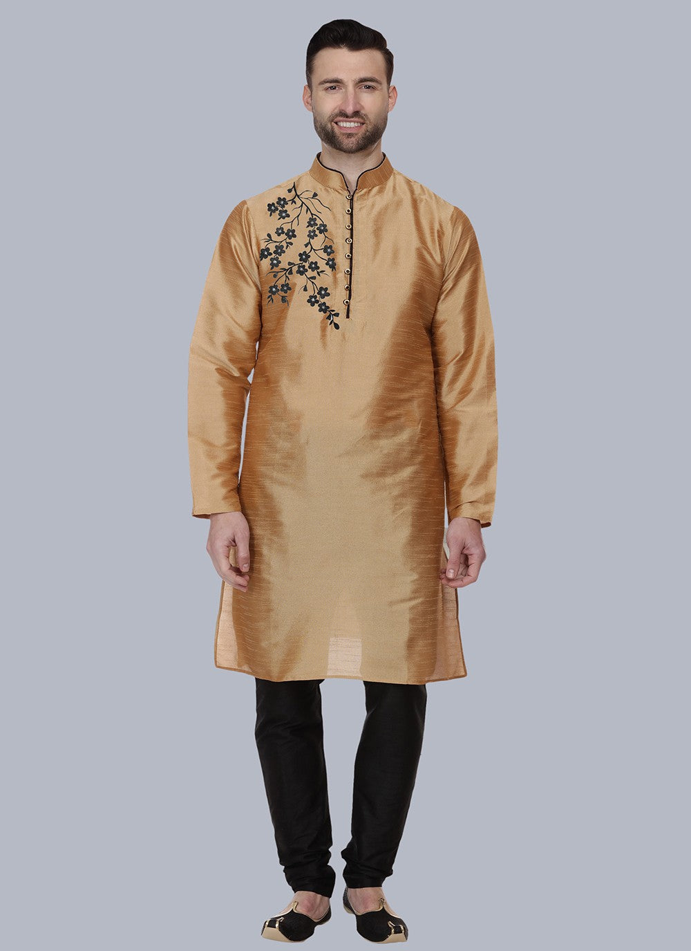 Embroidered Dupion Silk Gold Kurta Pyjama - M6550