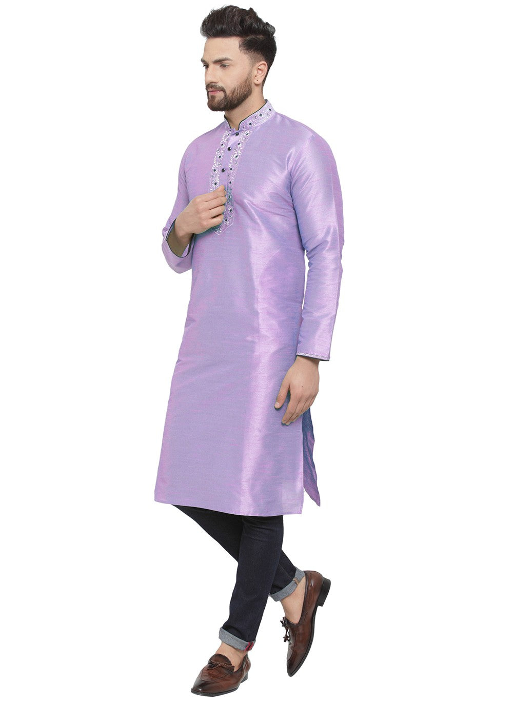 Embroidered Dupion Silk Lavender Kurta Pyjama - M7306