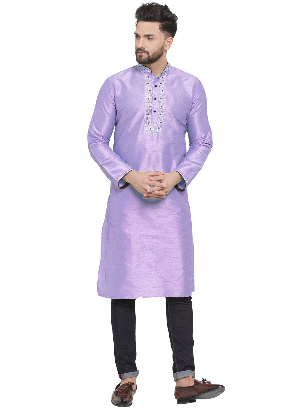 Embroidered Dupion Silk Lavender Kurta Pyjama - M7306