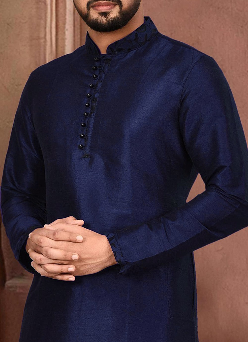 Embroidered Dupion Silk Navy Blue Kurta Pyjama - M2288