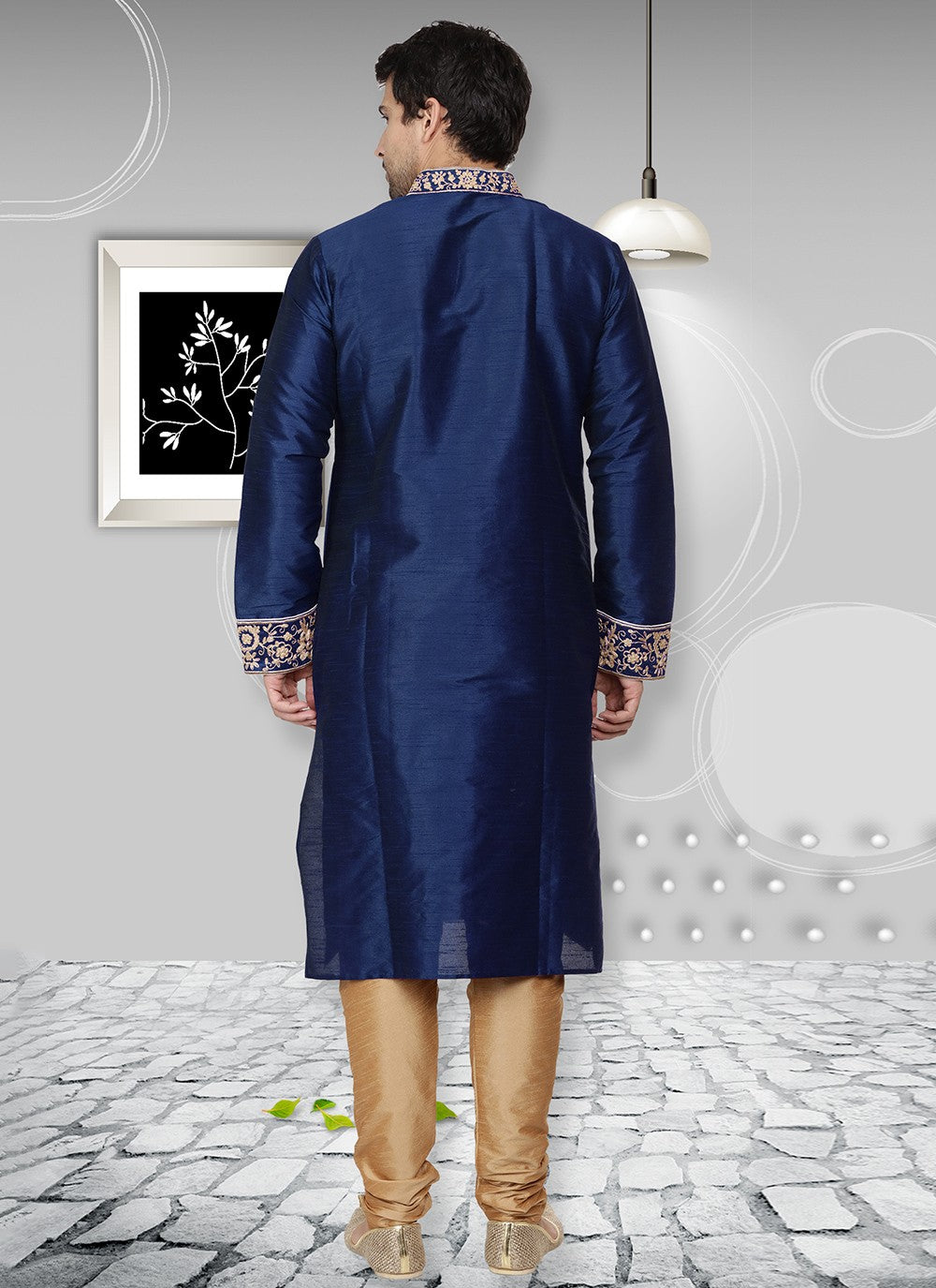 Embroidered Dupion Silk Navy Blue Kurta Pyjama - M6568