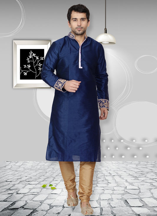 Embroidered Dupion Silk Navy Blue Kurta Pyjama - M6568