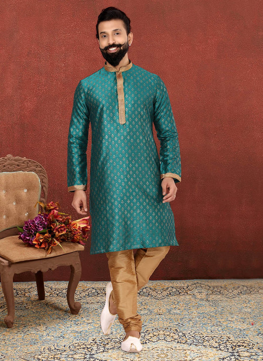 Embroidered Dupion Silk Teal Kurta Pyjama - M2609