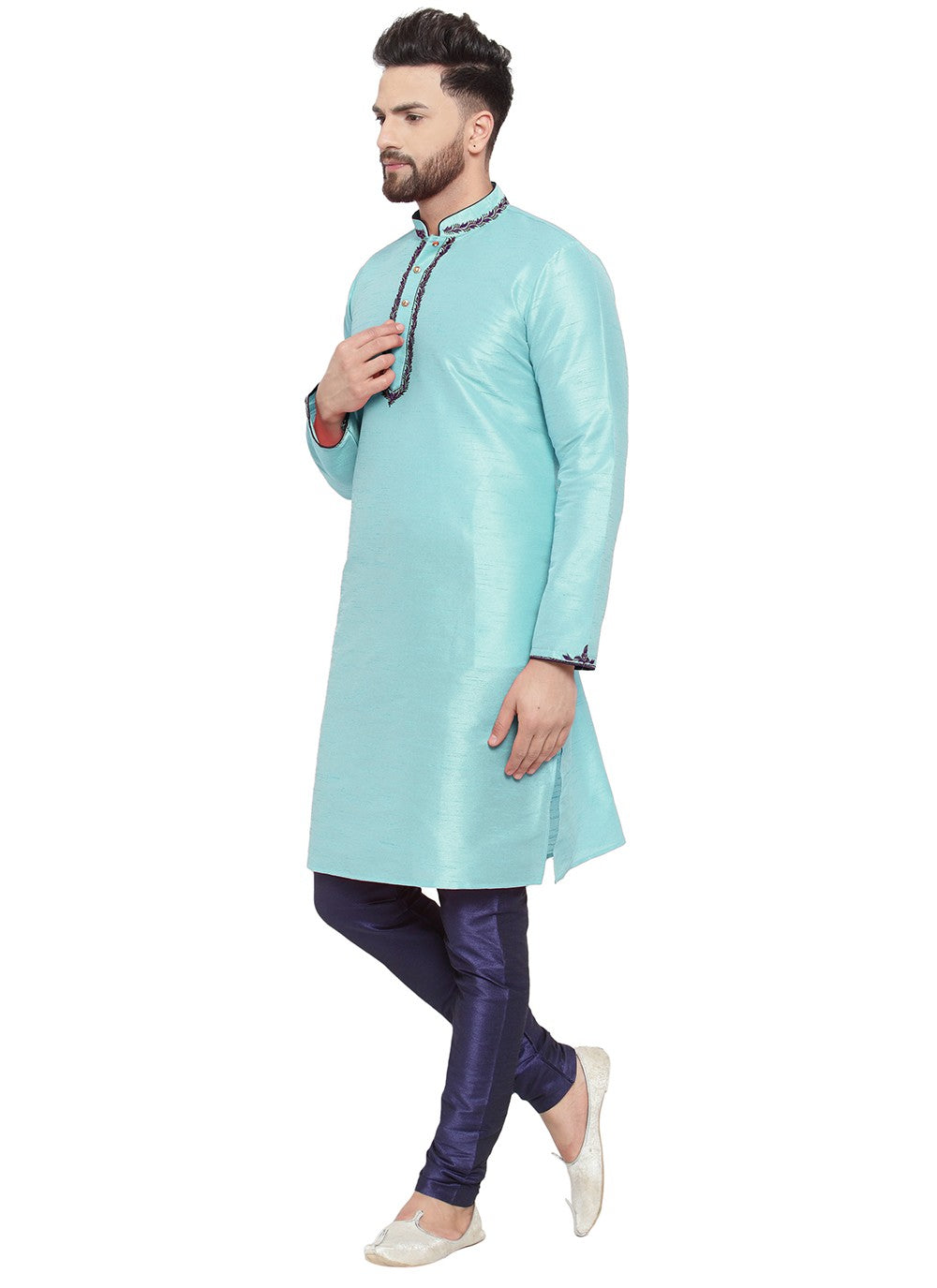 Embroidered Dupion Silk Turquoise Kurta Pyjama - M7332