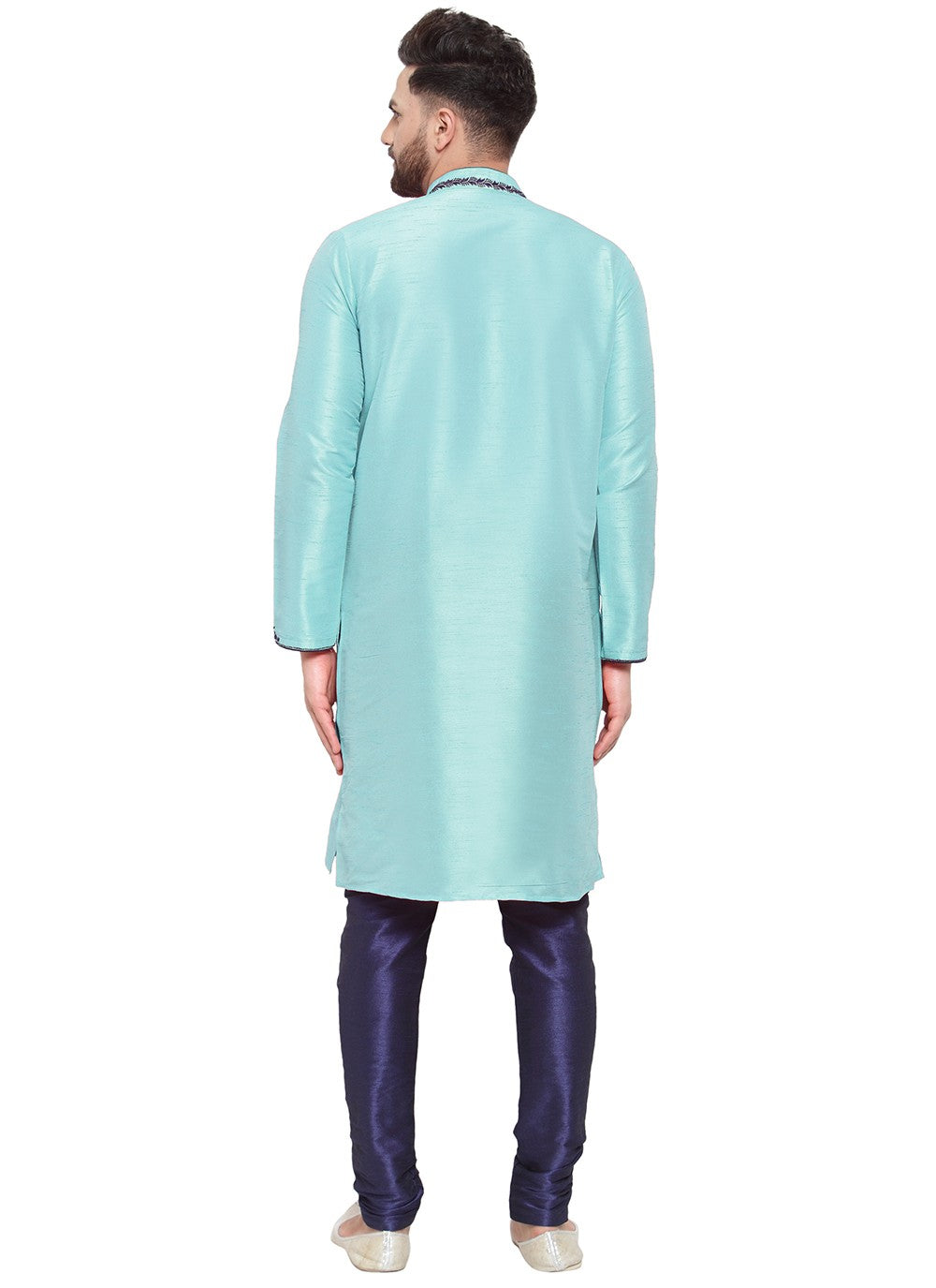 Embroidered Dupion Silk Turquoise Kurta Pyjama - M7332