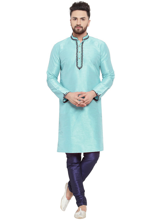 Embroidered Dupion Silk Turquoise Kurta Pyjama - M7332