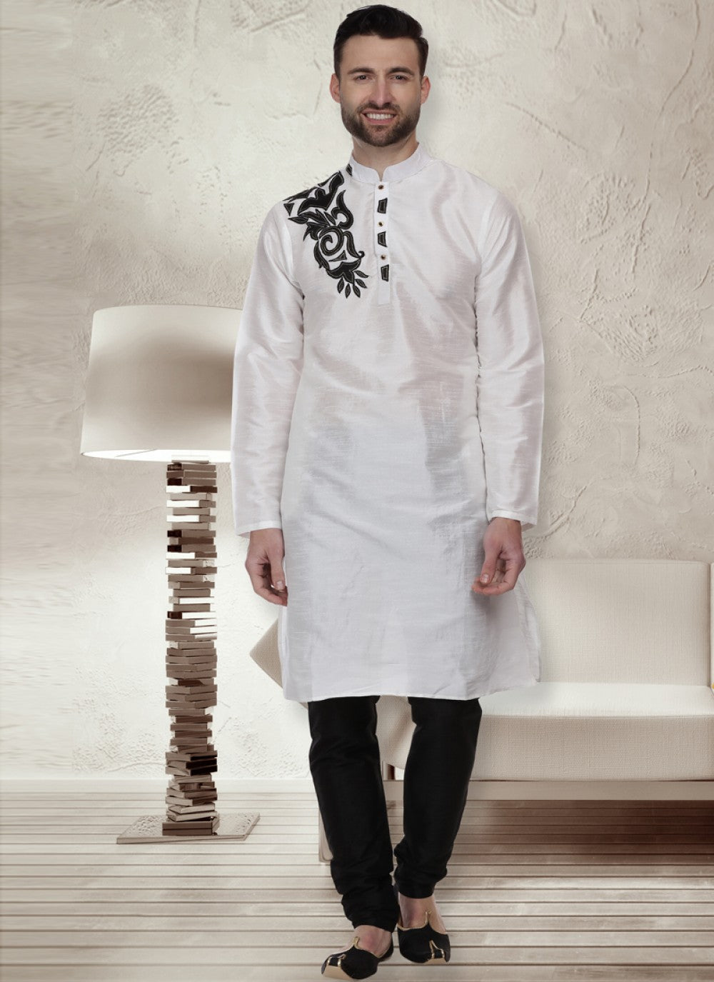 Embroidered Dupion Silk White Kurta Pyjama - M1080