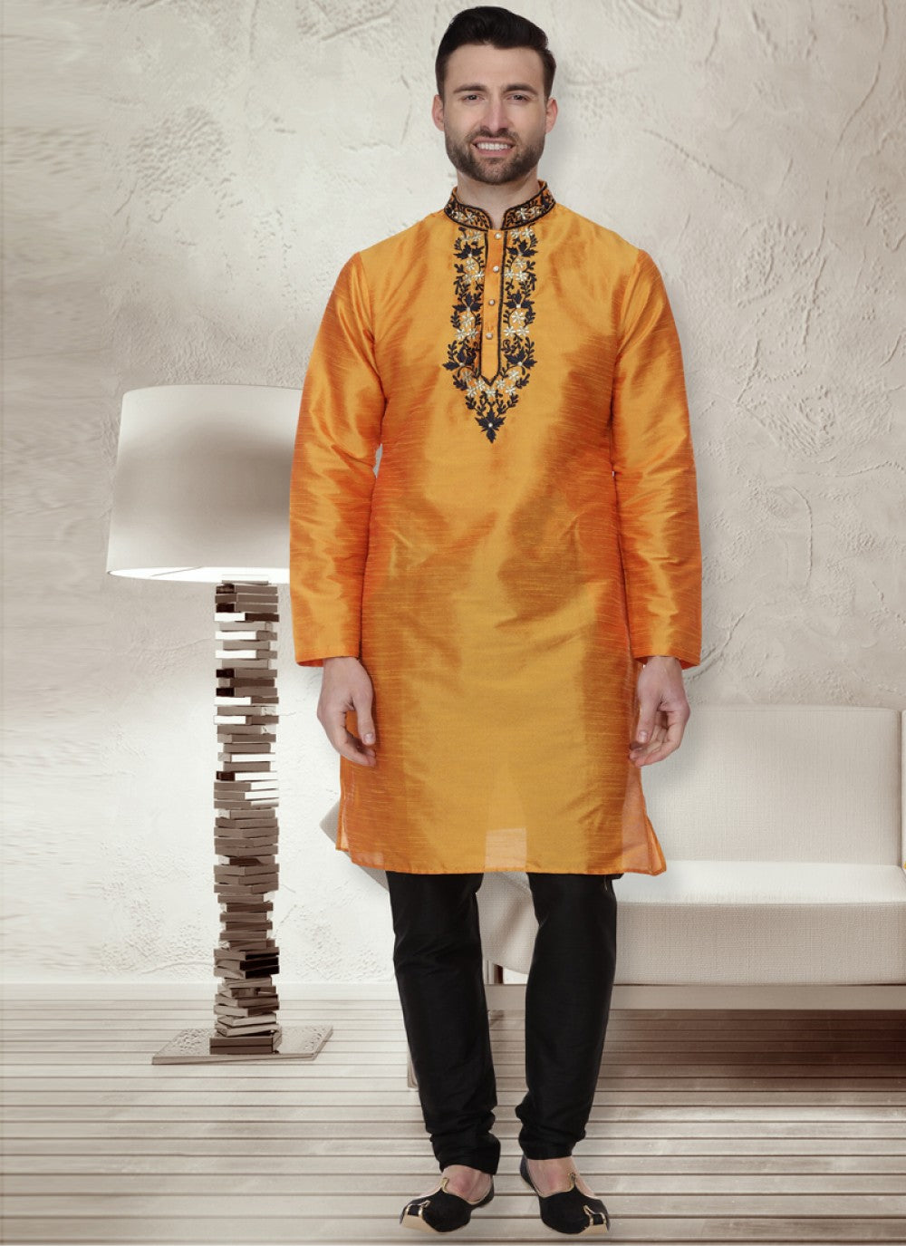 Embroidered Dupion Silk Orange Kurta Pyjama - M1083